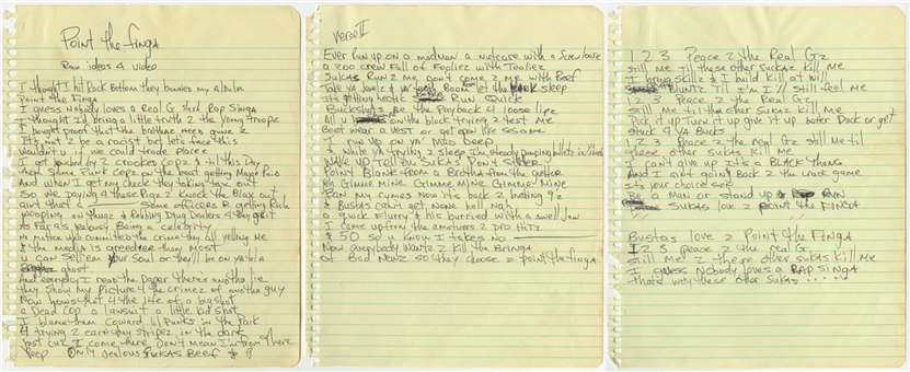 Tupac Shakur Handwritten Lyrics For "Point The Finga" From His Personal Note Book (JSA LOA)